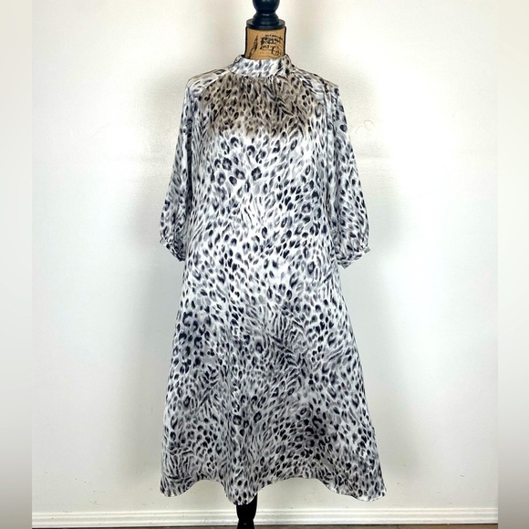 Ann Taylor Satin Leopard Animal Print Midi Dress Size SP Petite 3/4 Sleeves NWT - Picture 1 of 13